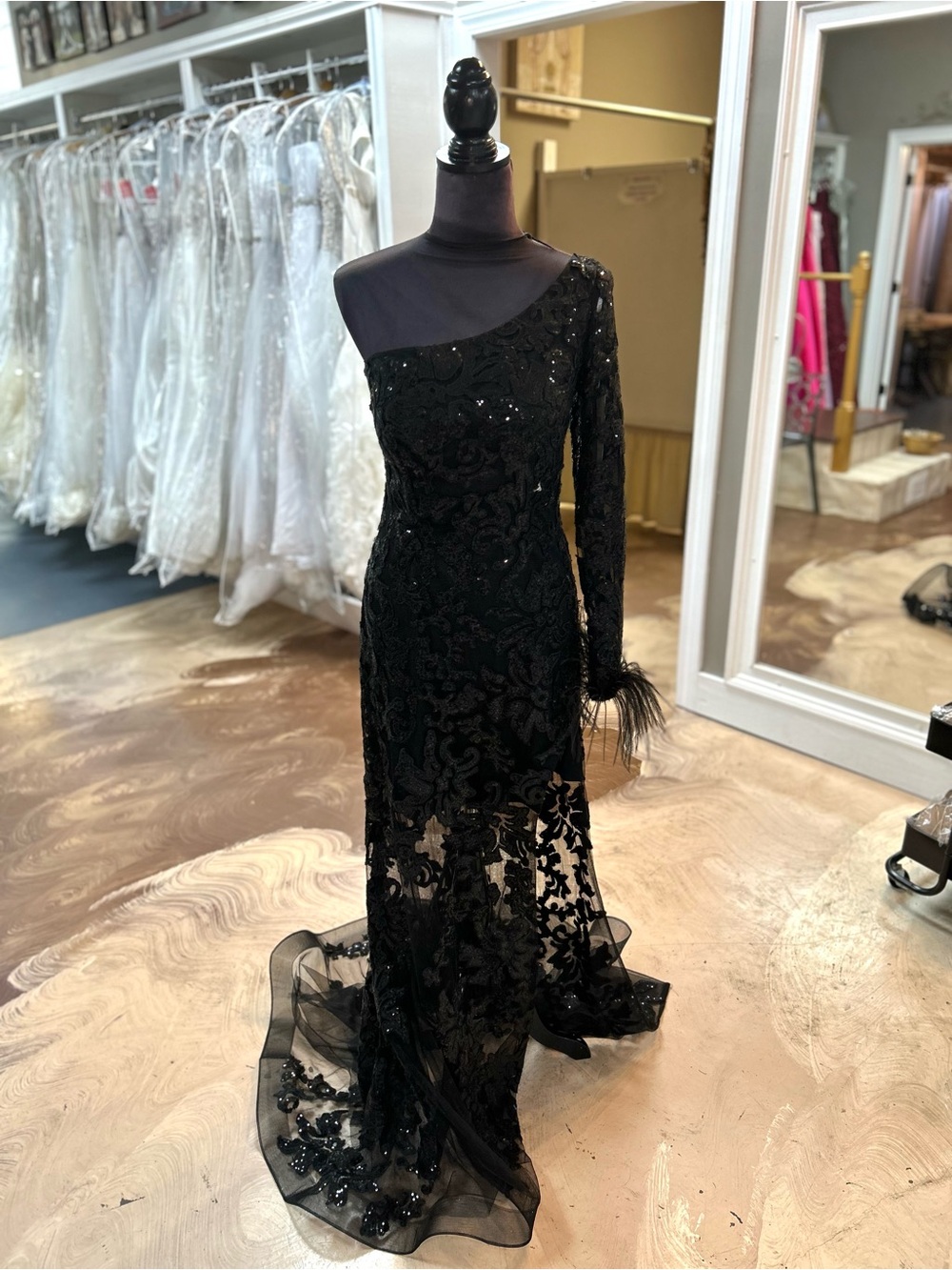 Ava Presley Asymmetric One-Shoulder Black Sequin Lace Evening Dress